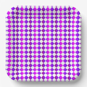 Purple Pink White Chequered Diamond Pattern Paper Plate