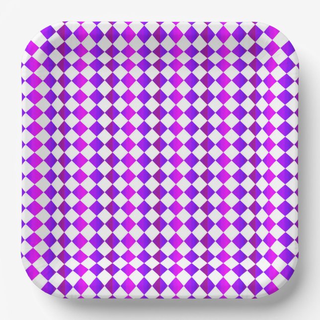 Purple Pink White Chequered Diamond Pattern Paper Plate (Front)