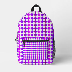 Purple Pink White Chequered Diamond Pattern Printed Backpack