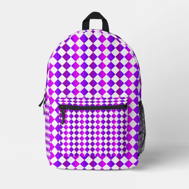 Purple Pink White Chequered Diamond Pattern Printed Backpack (Front)