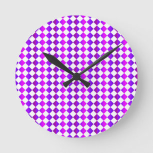 Purple Pink White Chequered Diamond Pattern Round Clock