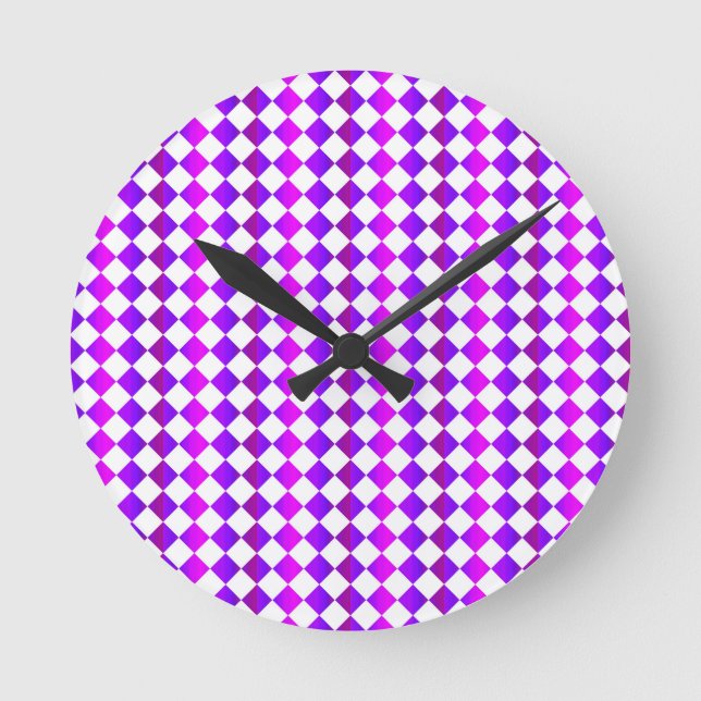 Purple Pink White Chequered Diamond Pattern Round Clock (Front)
