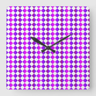 Purple Pink White Chequered Diamond Pattern Square Wall Clock
