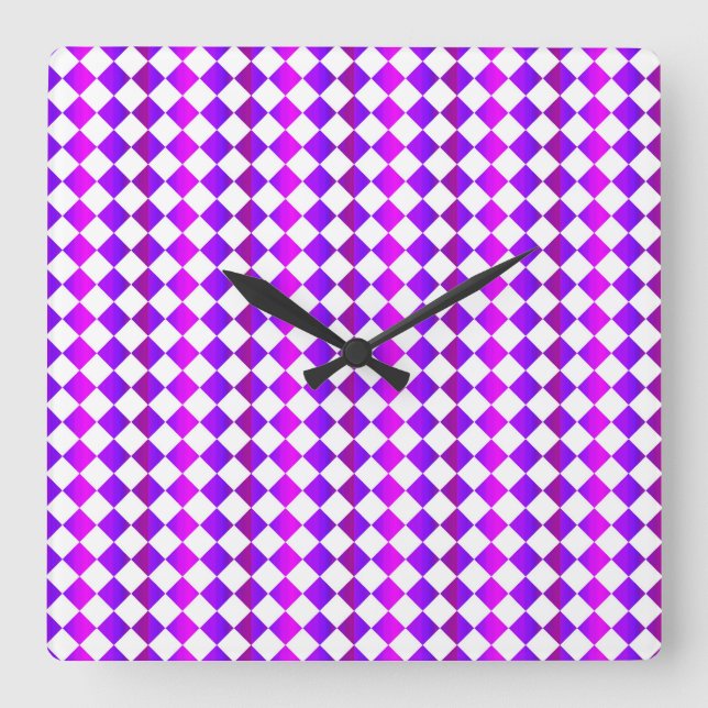 Purple Pink White Chequered Diamond Pattern Square Wall Clock (Front)