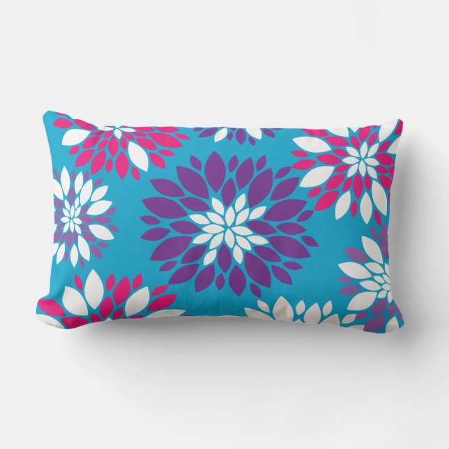 Purple Pink White Flower Art on Blue Lumbar Cushion (Front)