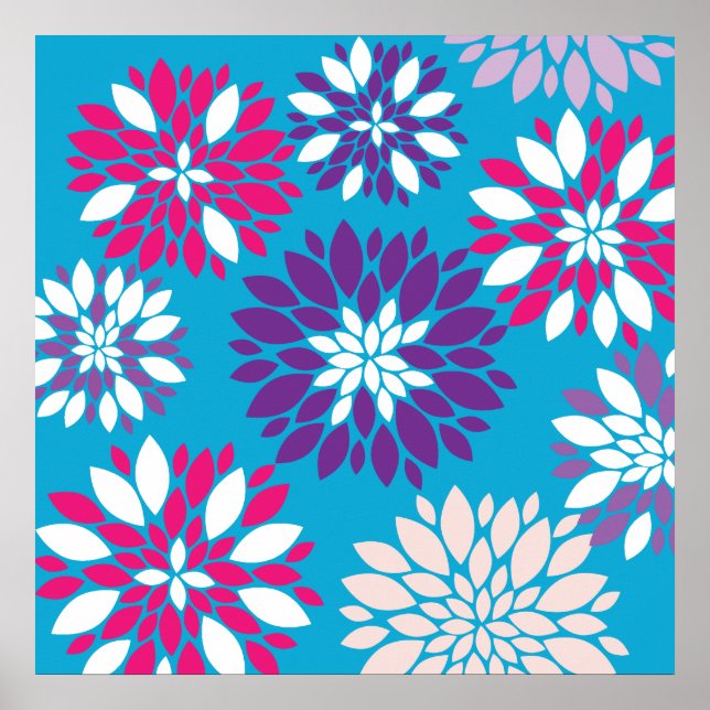 Purple Pink White Flower Art on Teal Blue Poster (Front)
