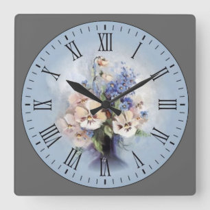 Purple-Pink-White Flowers Roman Numeral Square Wall Clock