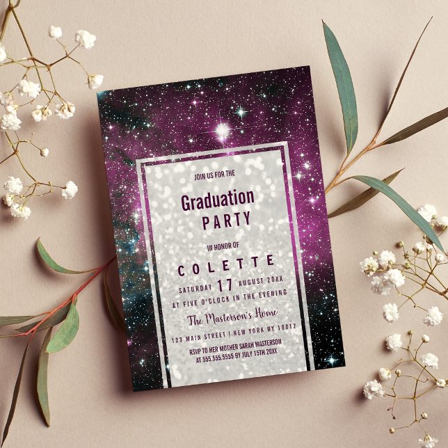 Purple pink white glitter nebula Graduation Party Invitation (Purple pink white glitter nebula Graduation Party )