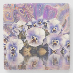 Purple Pink White Pansies near Water Watercolor Stone Coaster