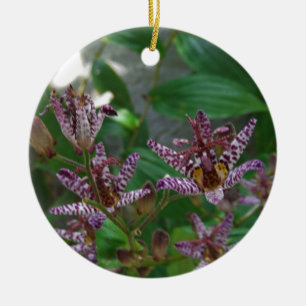 Purple pink white striped orchid like flower lilly ceramic ornament