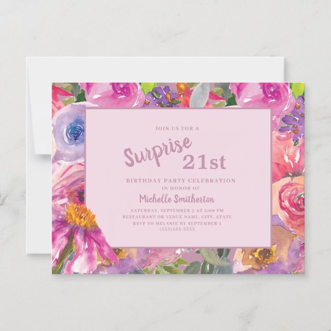 Purple Pink Wildflower 21st Birthday Party Magnetic Invitation (Front)
