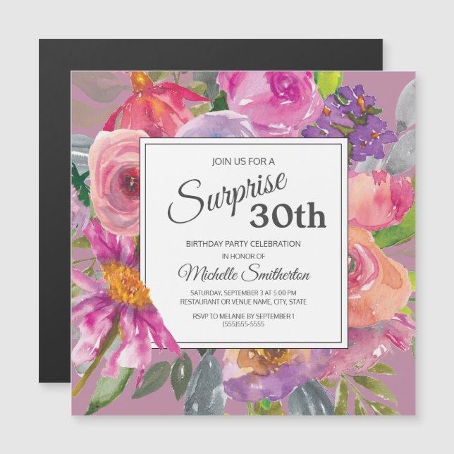 Purple Pink Wildflower 30th Square Birthday Party Magnetic Invitation (Front/Back)