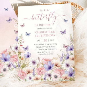 Purple Pink Wildflower Butterflies 1st Birthday Invitation