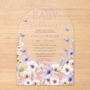 Purple Pink Wildflower Butterflies Baby in Bloom  Acrylic Invitations