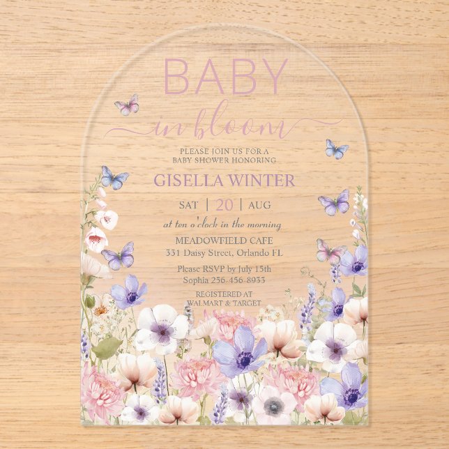 Purple Pink Wildflower Butterflies Baby in Bloom  Acrylic Invitations (Front)
