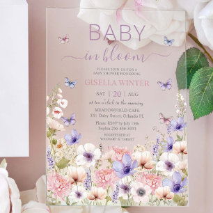 Purple Pink Wildflower Butterflies Baby in Bloom Acrylic Invitations