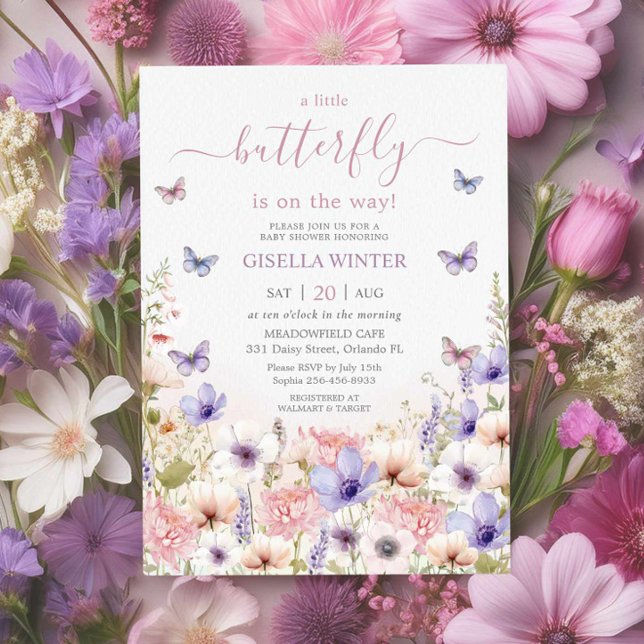 Purple Pink Wildflower Butterflies Baby Shower Invitation (Creator Uploaded)