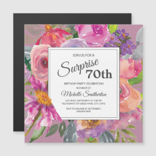 Purple Pink Wildflower Square 70th Birthday Party Magnetic Invitation
