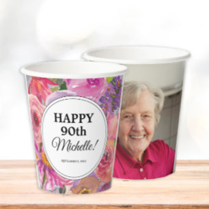 Purple Pink Wildflowers 90th Birthday Photo Paper Cups