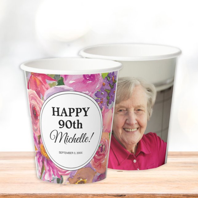 Purple Pink Wildflowers 90th Birthday Photo Paper Cups ("Happy 90th birthday" party customizable photo paper cups)
