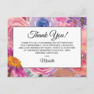 Purple Pink Wildflowers 90th Birthday Thank You Postcard