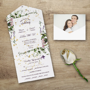  Purple Pink Wildflowers Floral Wedding All In One Invitation