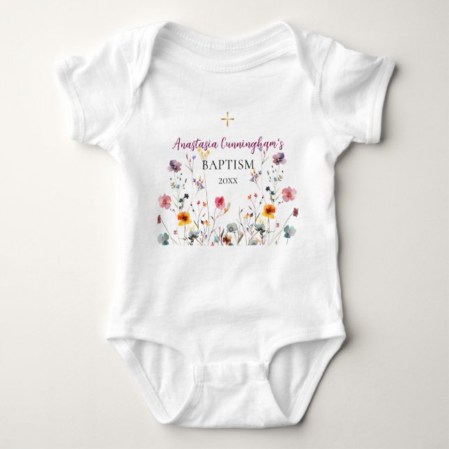 Purple Pink Wildflowers Orthodox Christian Baptism Baby Bodysuit (Front)