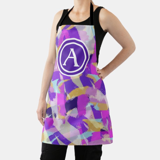 Purple Pink Yellow Blue Modern Abstract Monogram Apron (Insitu)