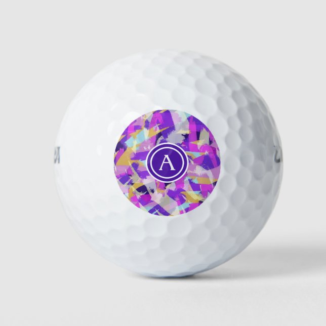Purple Pink Yellow Blue Modern Abstract Monogram Golf Balls (Front)