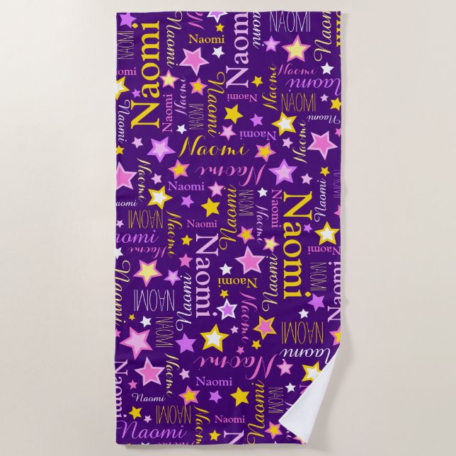 Purple pink yellow custom name Naomi stars Beach Towel (Front)
