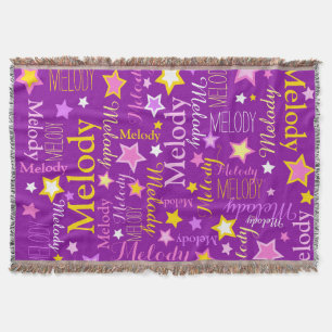 Purple pink yellow girls name stars pattern throw blanket