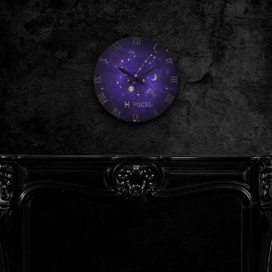 Purple Pisces Zodiac Cosmic Astrology Horoscope Round Clock