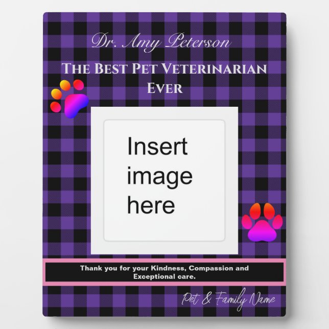 Purple Plaid Best Pet Veterinarian Ever Plaque (Front)