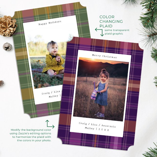 Purple Plaid Colour Changing Photo Christmas Card (Creator Uploaded)