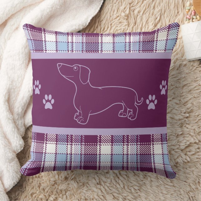 Purple Plaid Dachshund Throw Pillow (Blanket)
