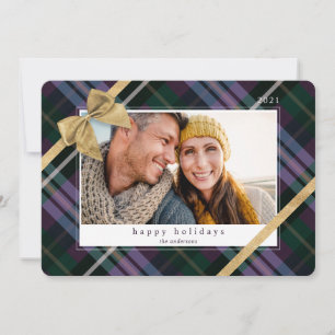 Purple Plaid Gift Wrapped & Gold Bow Present Photo Holiday Card