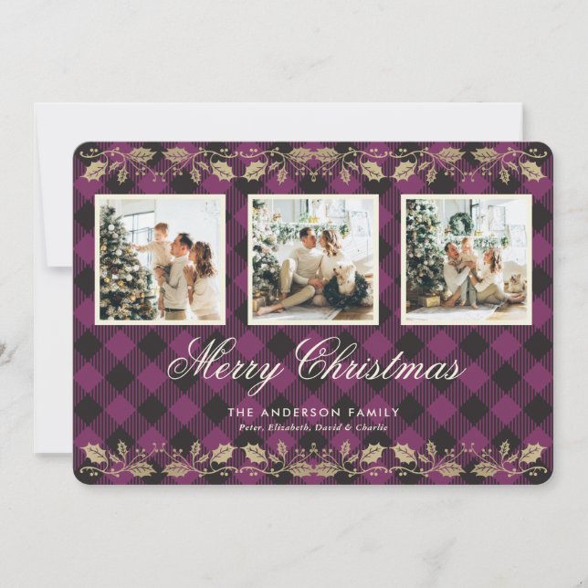 Purple Plaid Gold Holly Photo Merry Christmas Card (Front)