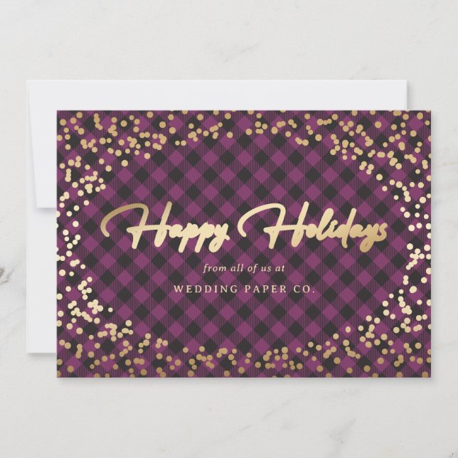 Purple Plaid Gold Snow Business Holiday Cards (Front)