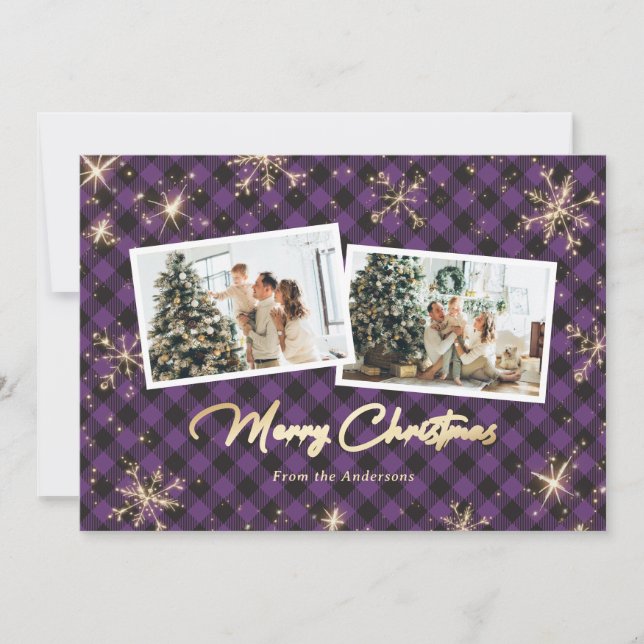 Purple Plaid Gold Snowflakes Photo Christmas Holiday Card (Front)
