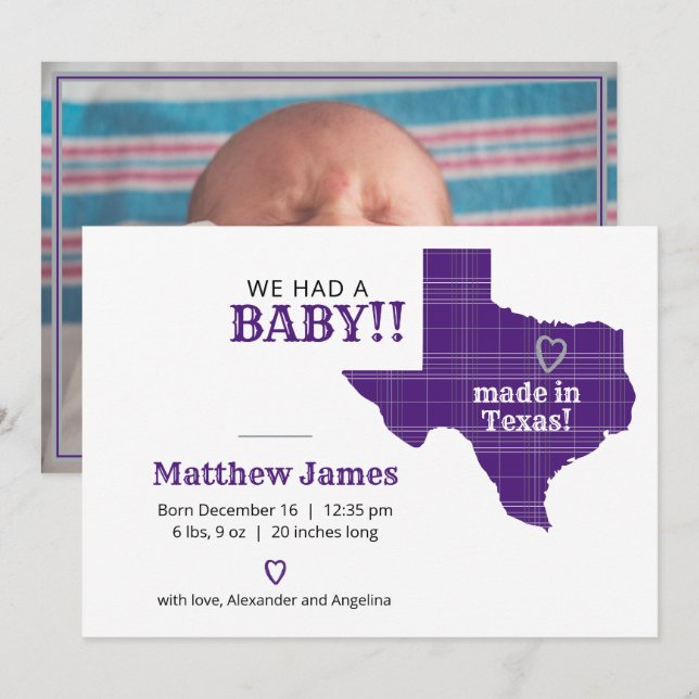 Purple Plaid Made In Texas Horizontal Photo Announcement (Front/Back)