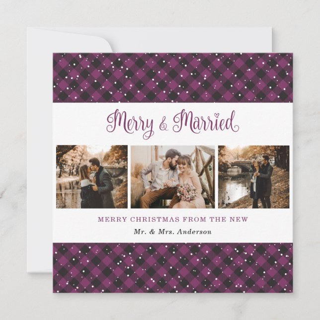 Purple Plaid Merry and Married Christmas Card (Front)