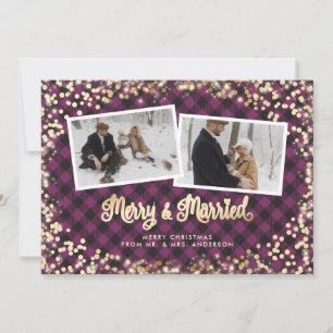 Purple Plaid Merry and Married Photo Christmas Holiday Card