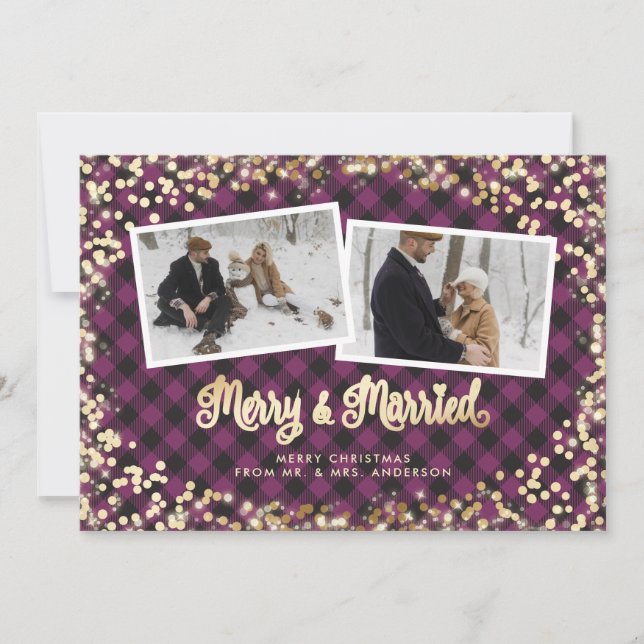 Purple Plaid Merry and Married Photo Christmas Holiday Card (Front)