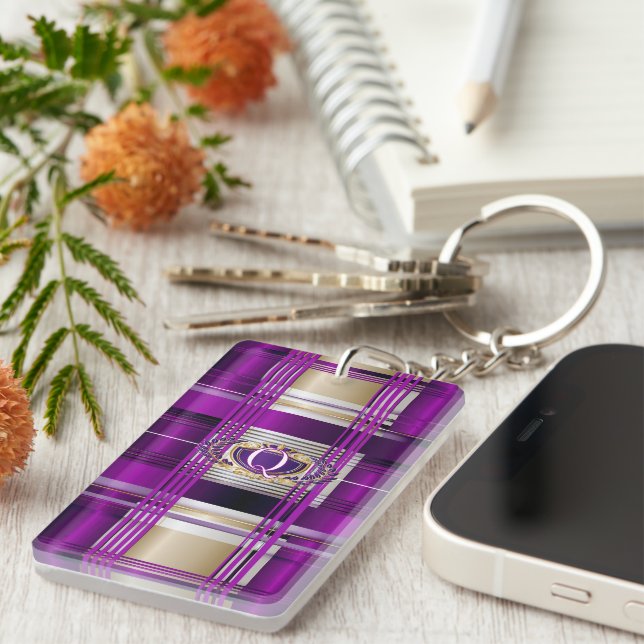 Purple Plaid Personalised Keychain (Front Right)