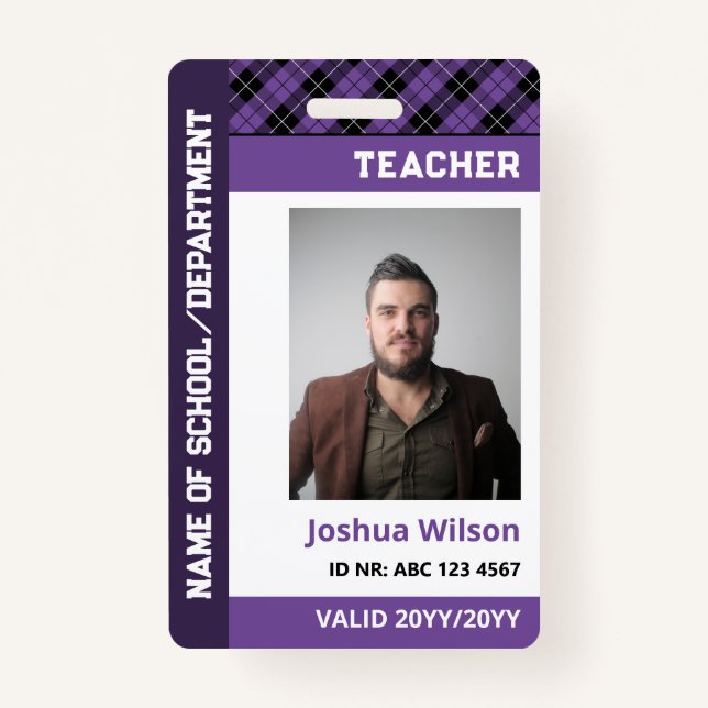 Purple Plaid Photo ID School Teacher ID Badge (Front)