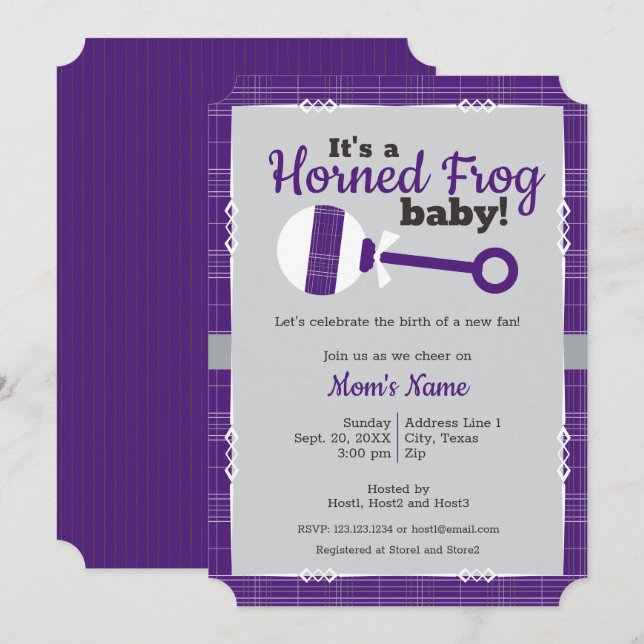 Purple Plaid Rattle Horned Frog Baby Shower Invitation (Front/Back)