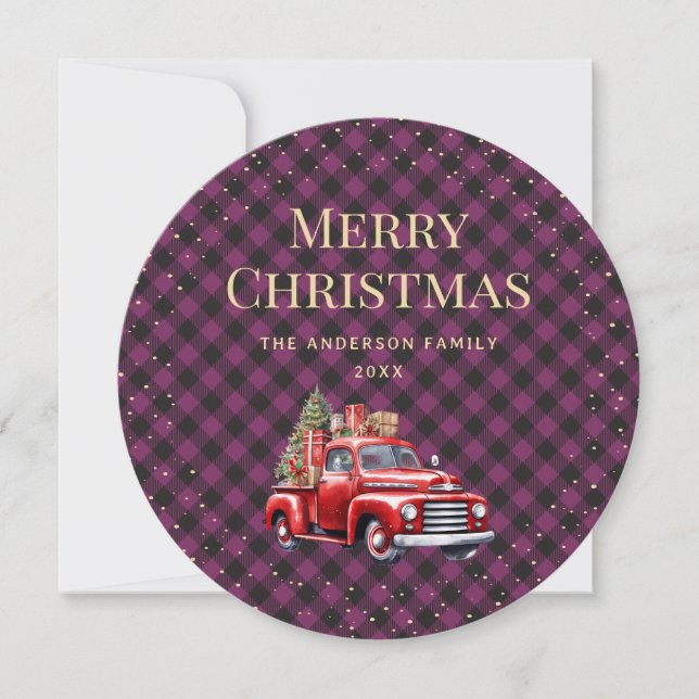 Purple Plaid Red Truck Merry Christmas Card (Front)