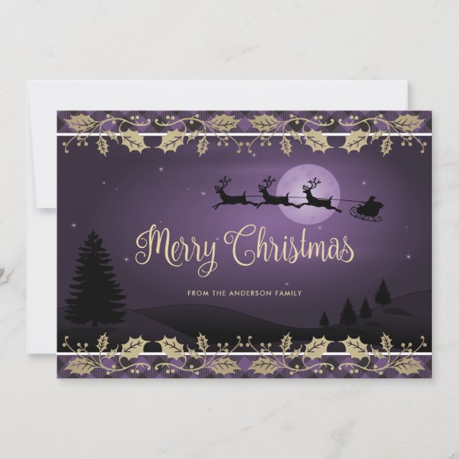 Purple Plaid Reindeer Santa Botanical Christmas Holiday Card (Front)