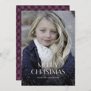 Purple Plaid Snow Sparkle Photo Christmas Cards