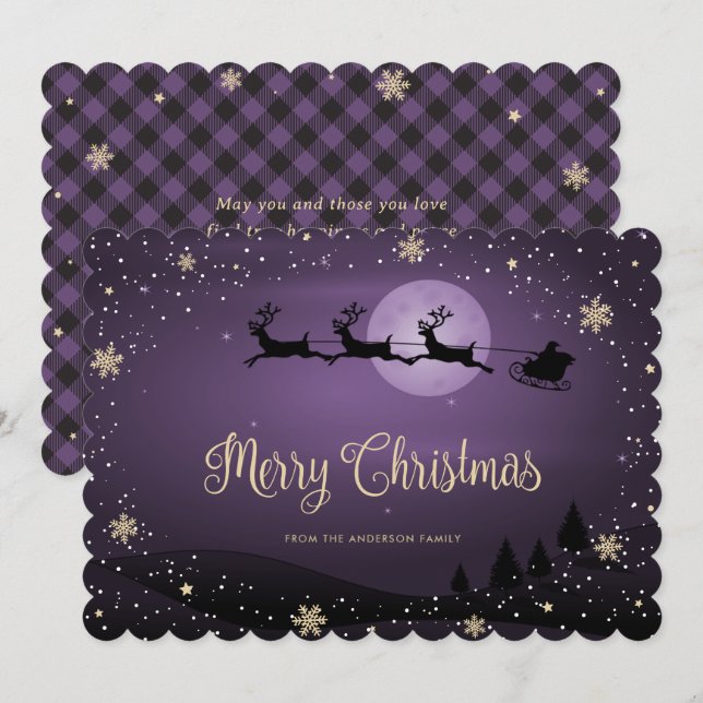 Purple Plaid Snowflake Reindeer Santa Claus Holiday Card (Front/Back)